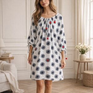 Nimo With Love Blue White Cotton Boho Floral Shift Dress